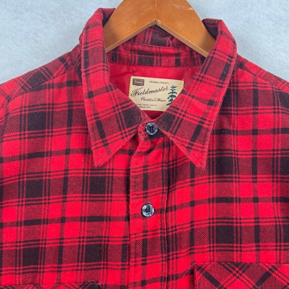 Vintage Sears Fieldmaster Red Black Plaid Quilted Lined‎ Flannel Shirt Jacket XL